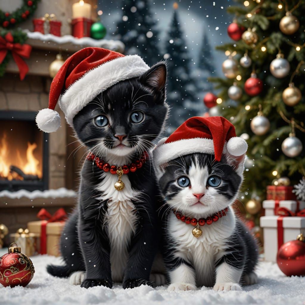 A portrait of two black and white kittens together, surround...