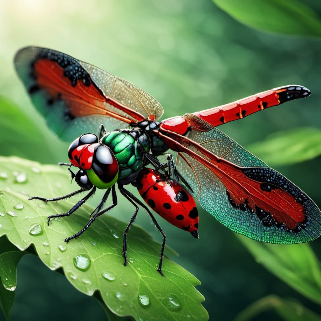 Dragonfly Ladybug Hybrid Concept Art on Leaf