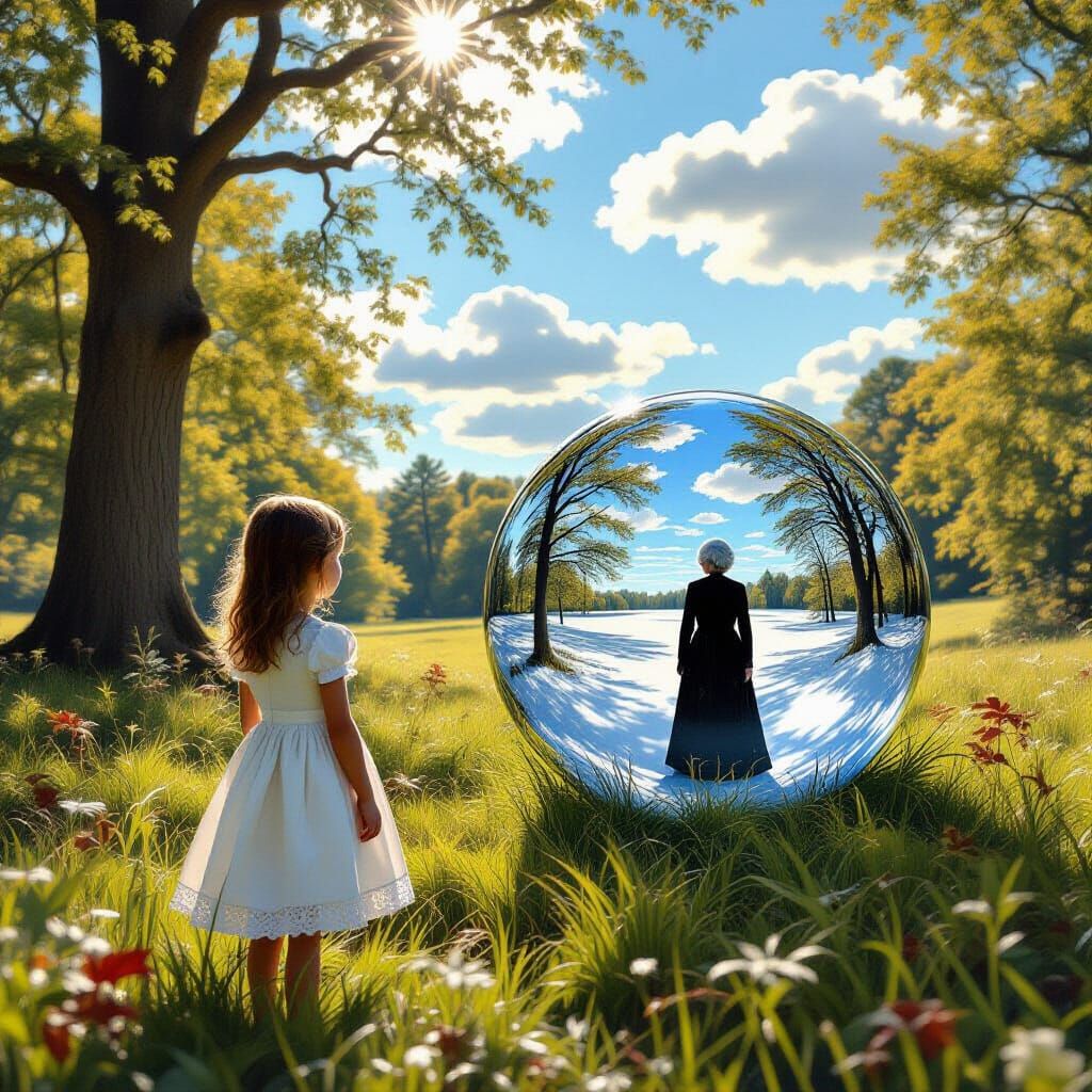 Girl in Woodland Glade with Reflective Sphere