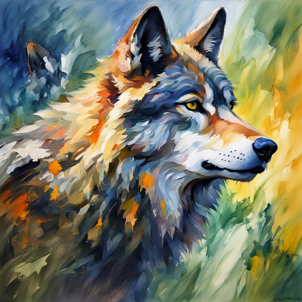 Gouache Wolf's Emotional Howl in Vibrant Complementary Color...