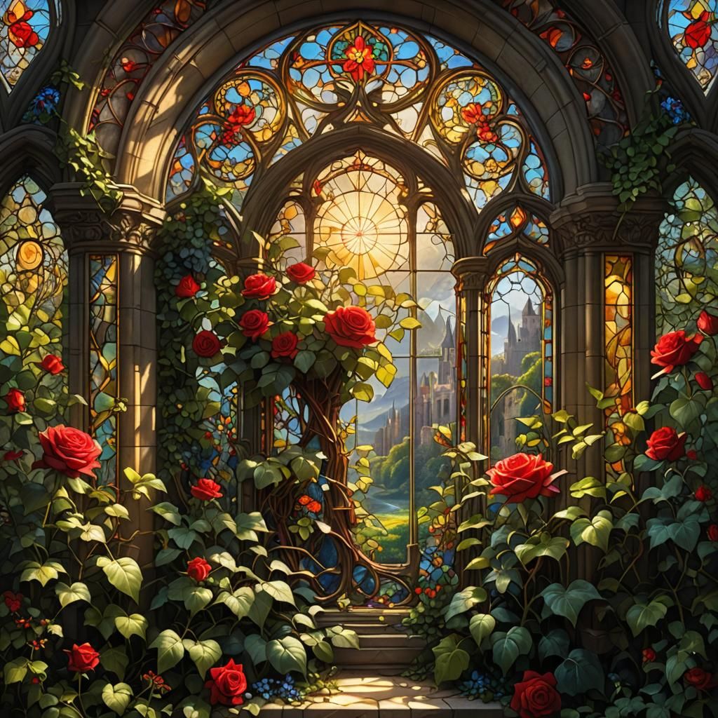 Stained Glass Window with Castle and Roses