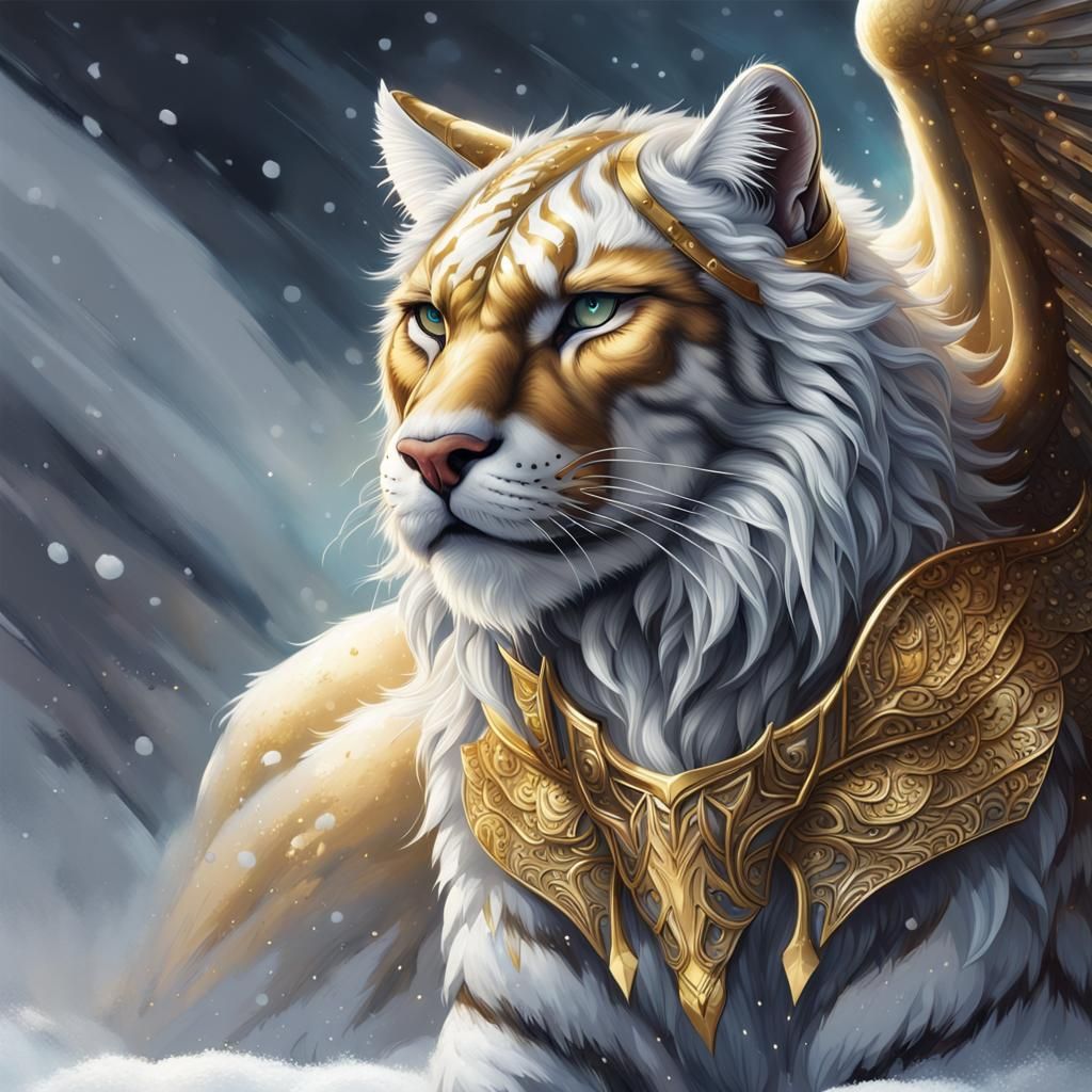Mystical Armored Winged Cats in the Snow