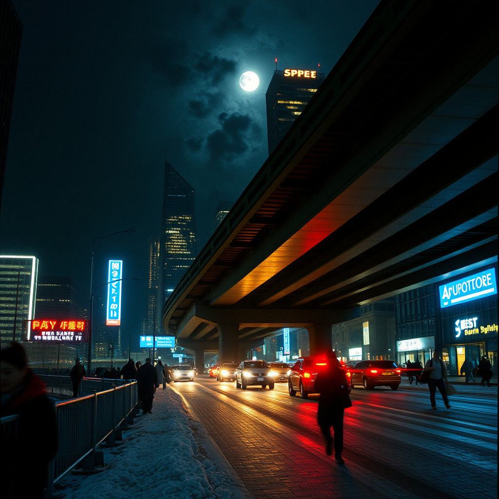 Dramatic Night Scene with Neon Lights