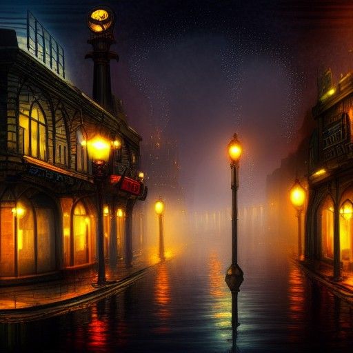 Steampunk Engine in Misty Fantasy City at Night