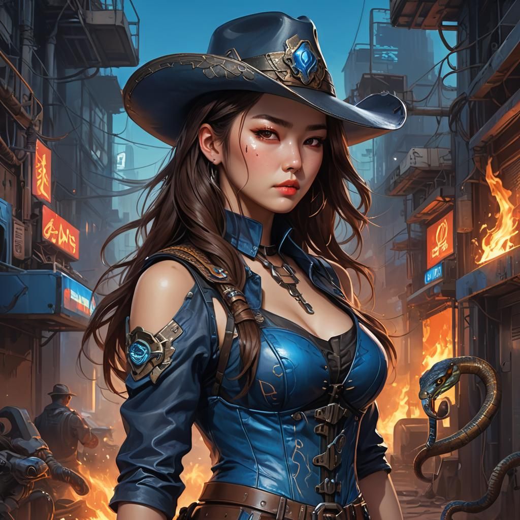 Cyberpunk Korean Woman in Fiery Portrait