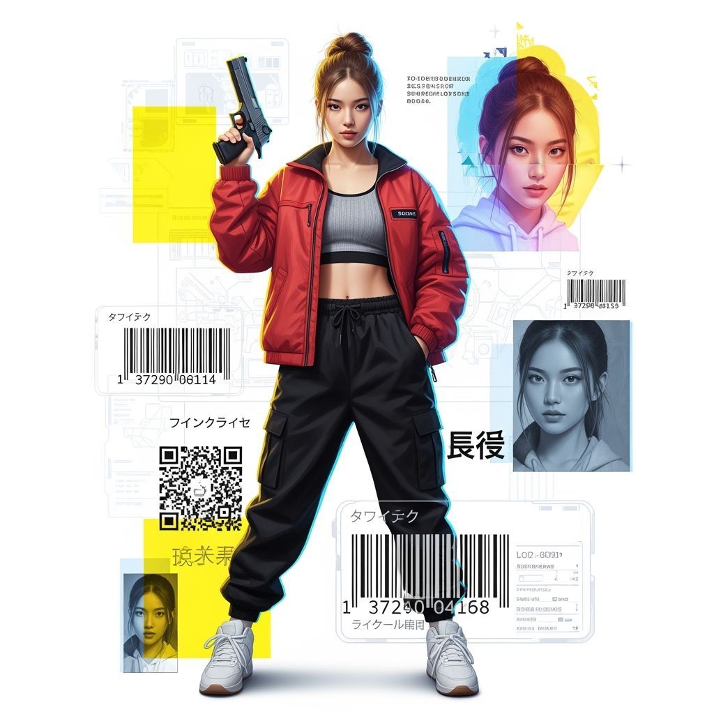 Cyberpunk Woman Poses with Pistol in Futuristic Cityscape