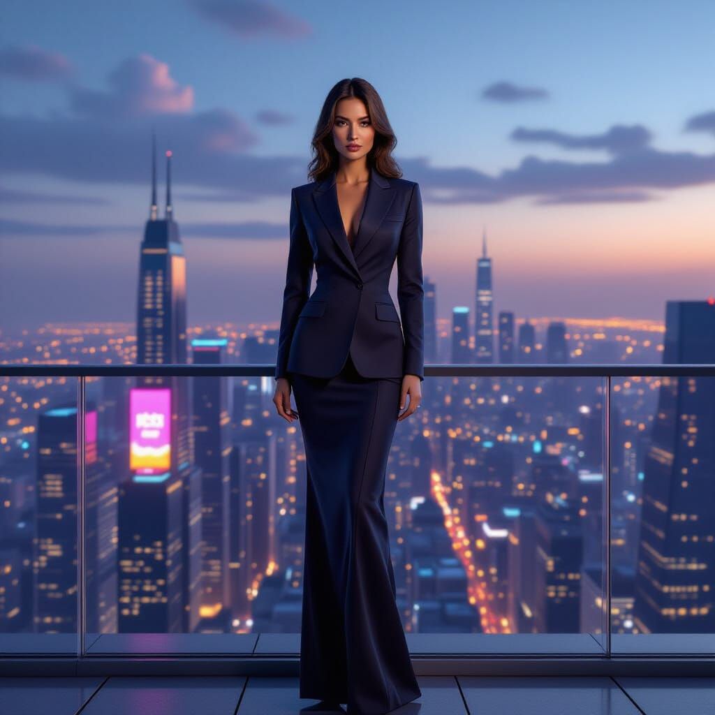 Businesswoman on Balcony Overlooking Futuristic Cityscape
