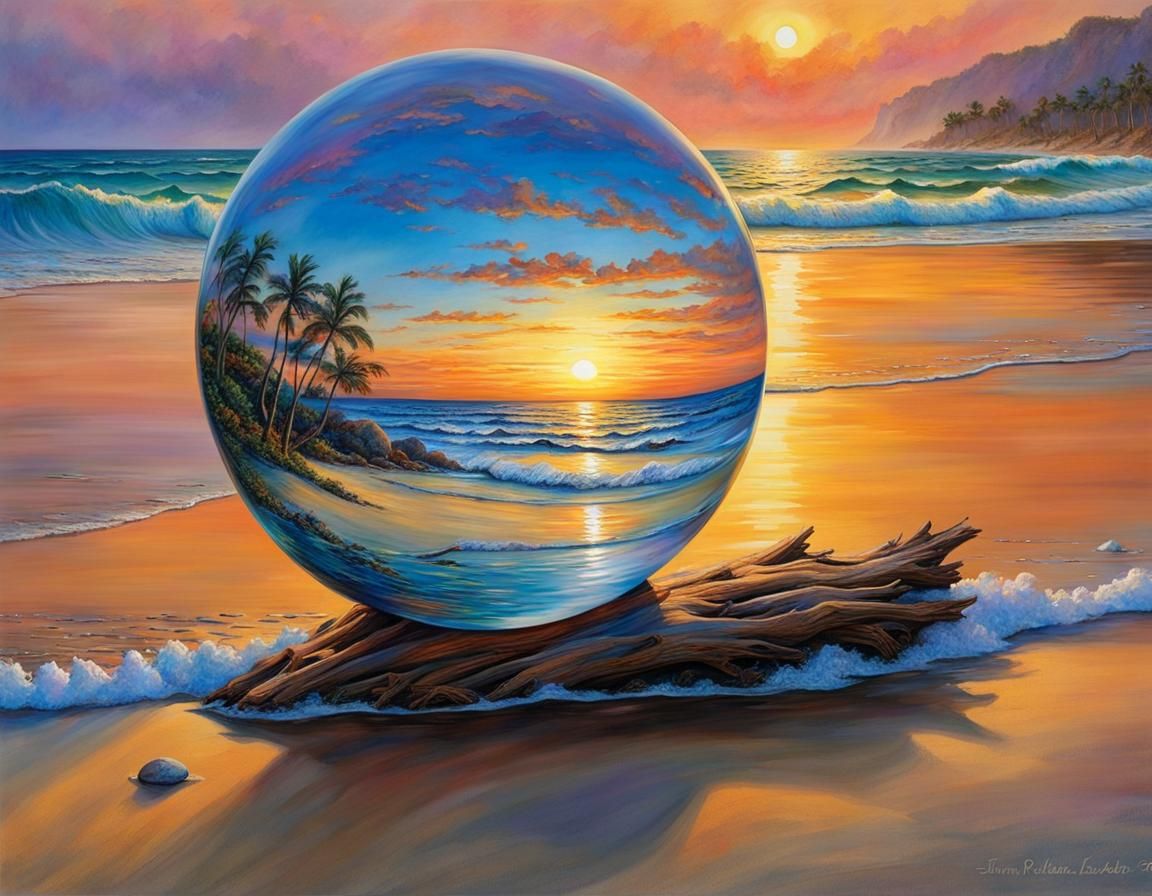 Polychromatic Glass Ball on Beach at Sunset