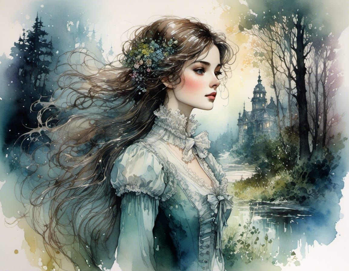 Bioluminescent Victorian Woman in Colorful Ink Art