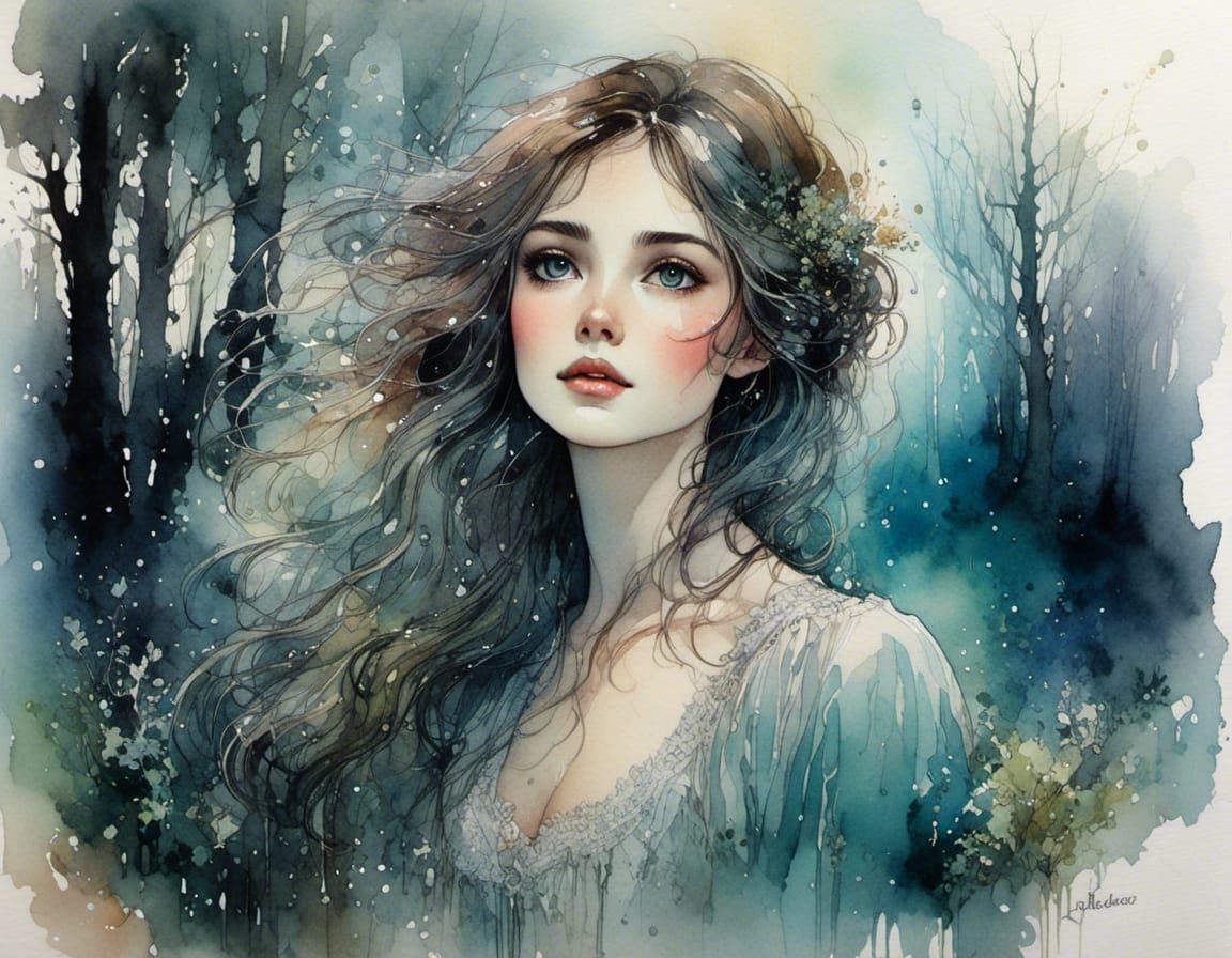 Victorian Woman in Bioluminescent Forest, Watercolor Style