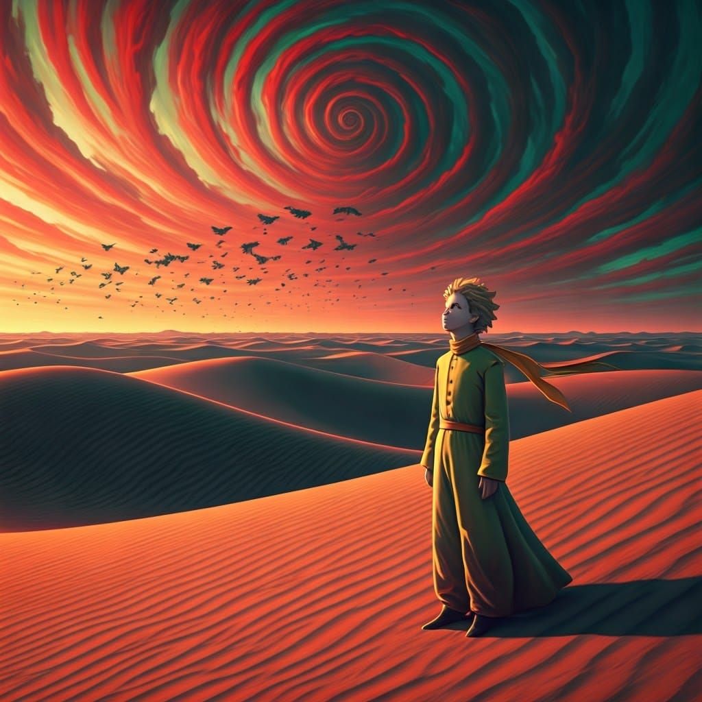 Little Prince in Surreal Crimson Desert Landscape