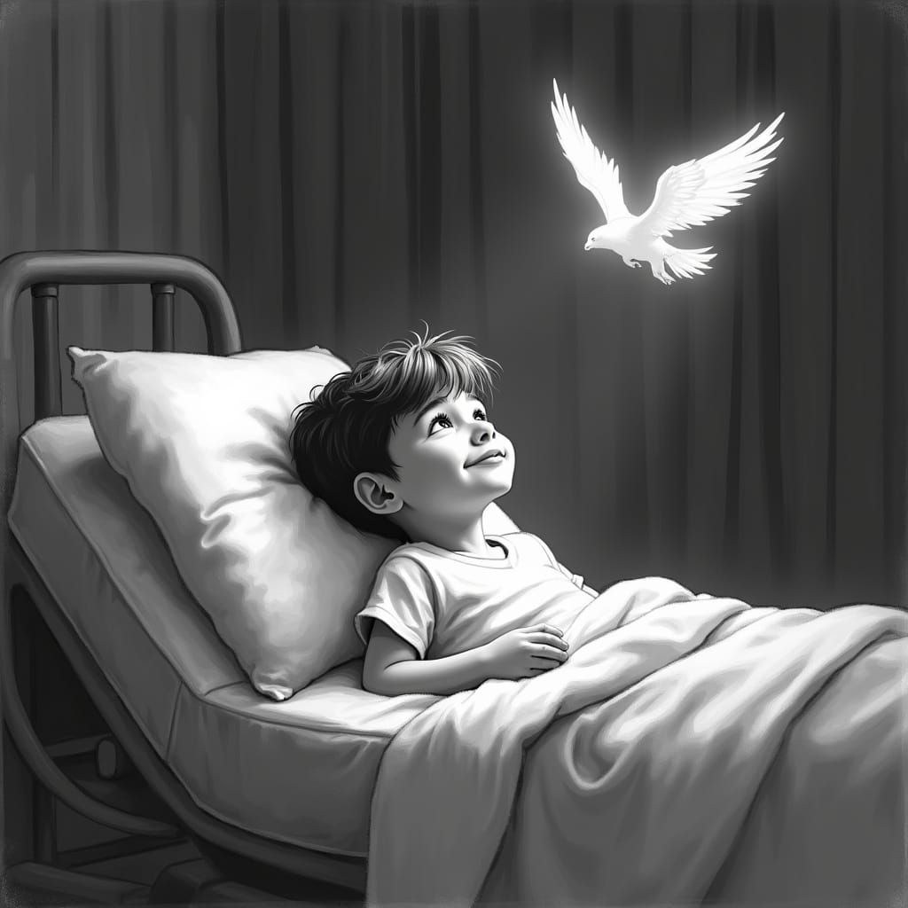 Boy Awaiting Wings: Black and White Illustration