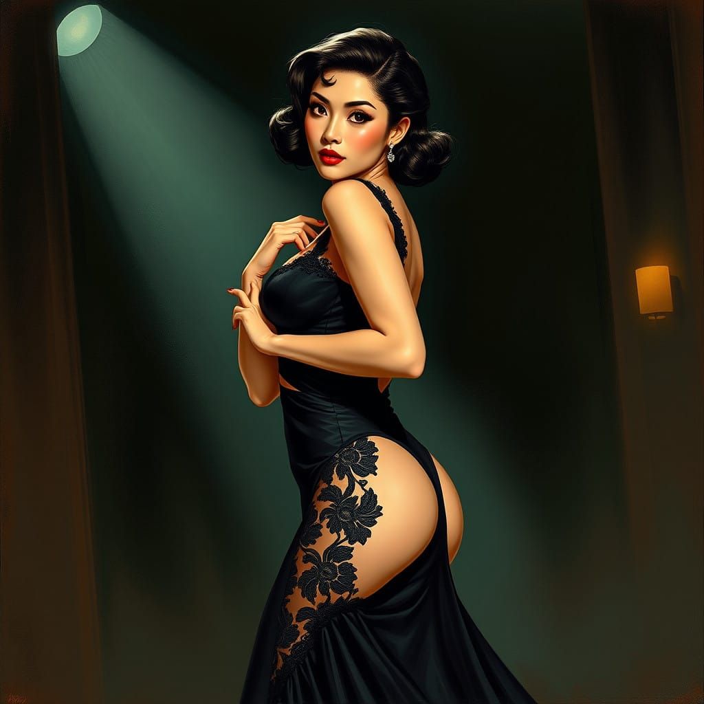 Glamorous Femme Fatale in Classic Film Noir Style
