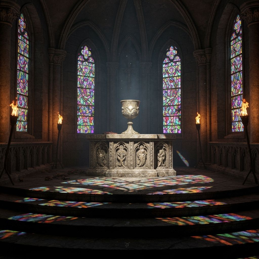 Silver Chalice on Altar in Ruined Chapel