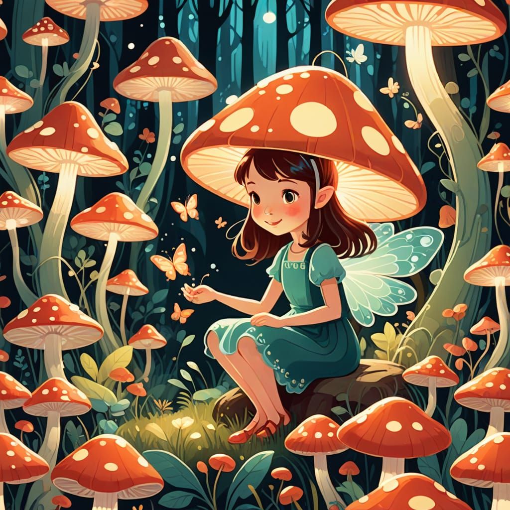 Fairy Tending Glowing Mushrooms in Mary Blair Style