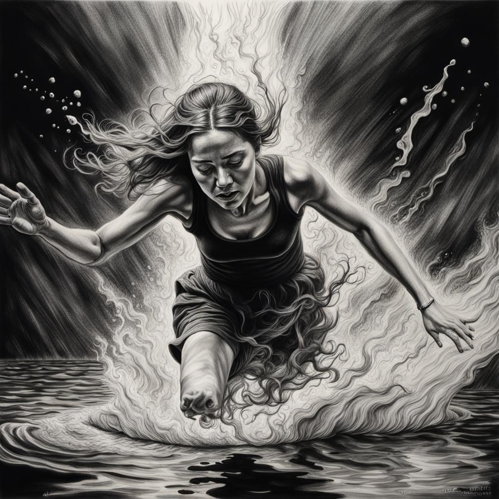 Woman Falling into Water: Hyperdetailed Charcoal Drawing
