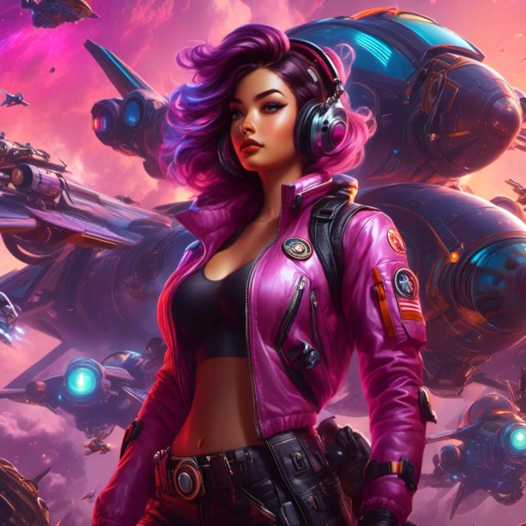 Cyberpunk Pilot Girl in Front of Spaceships