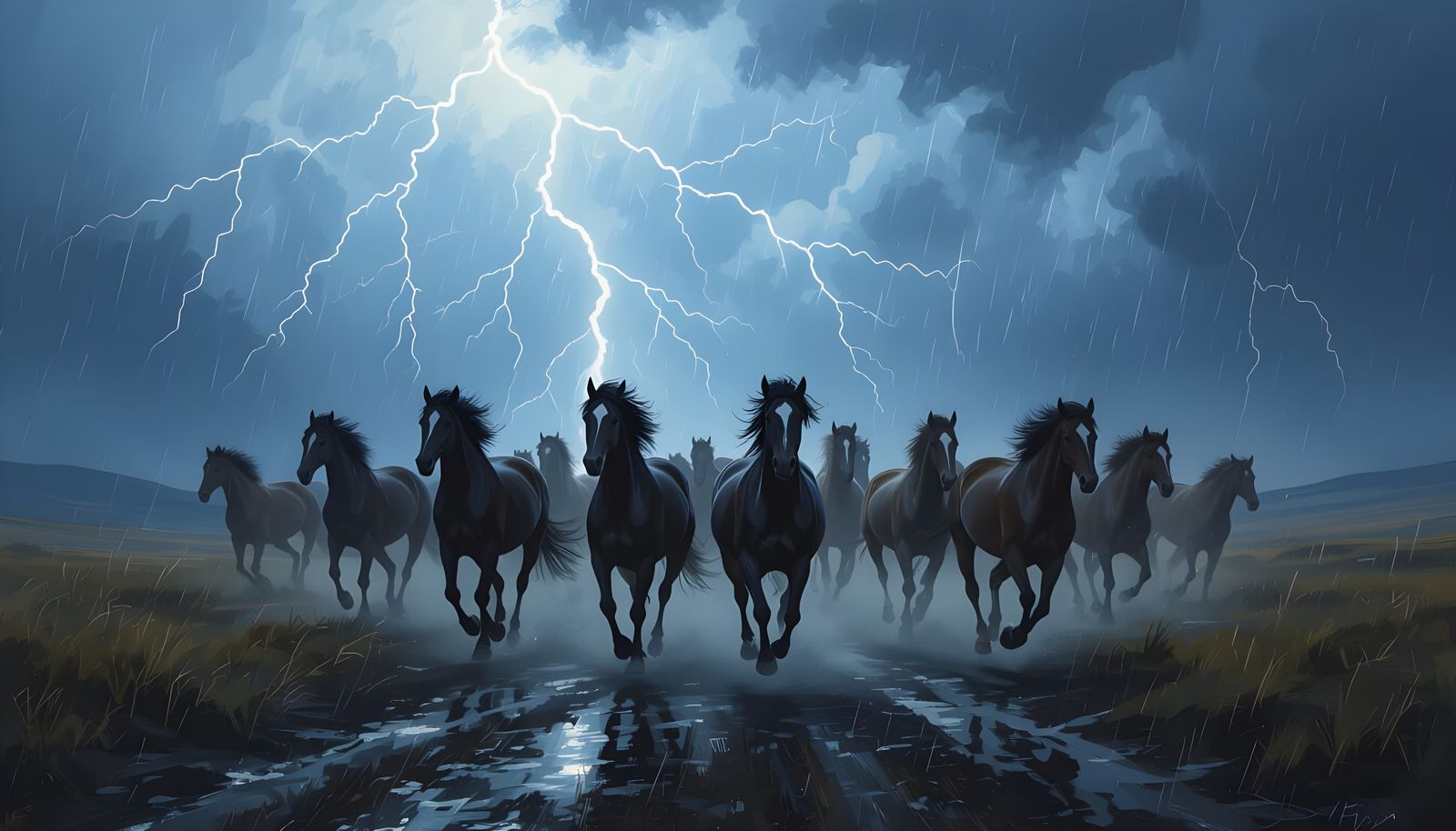 Wild Horses Galloping in Stormy Midnight Valley