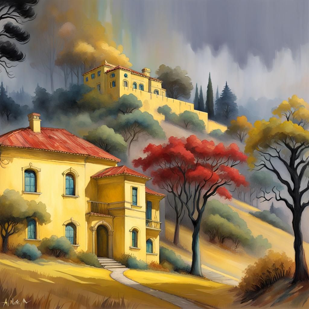 Yellow Stucco House on Foggy Hill, Watercolor Style