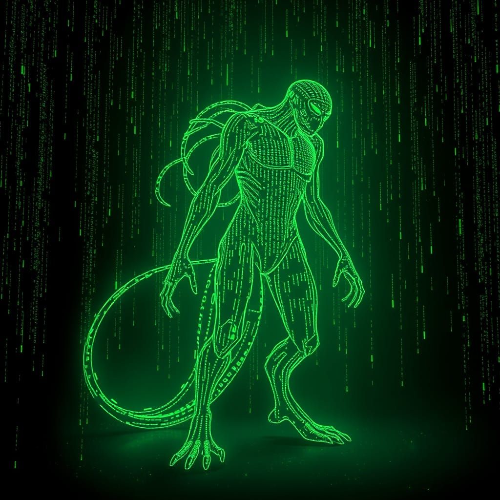 Glowing Digital Creature of Matrix Code in Cybernetic Void