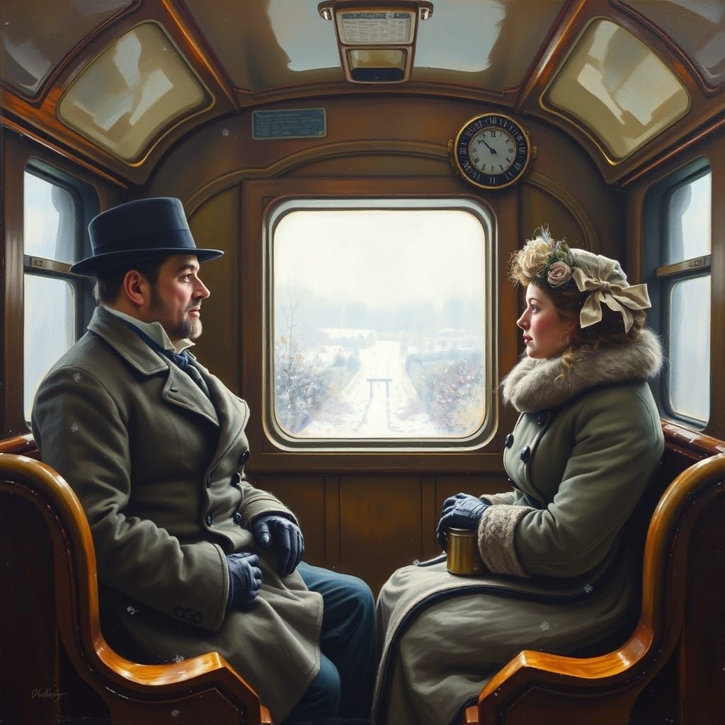 Victorian Railway Carriage in Winter with Snowy Landscape