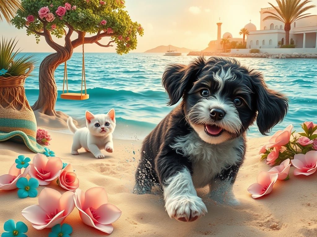 Joyful Poodle Puppy Plays with Kitty on Mediterranean Beach
