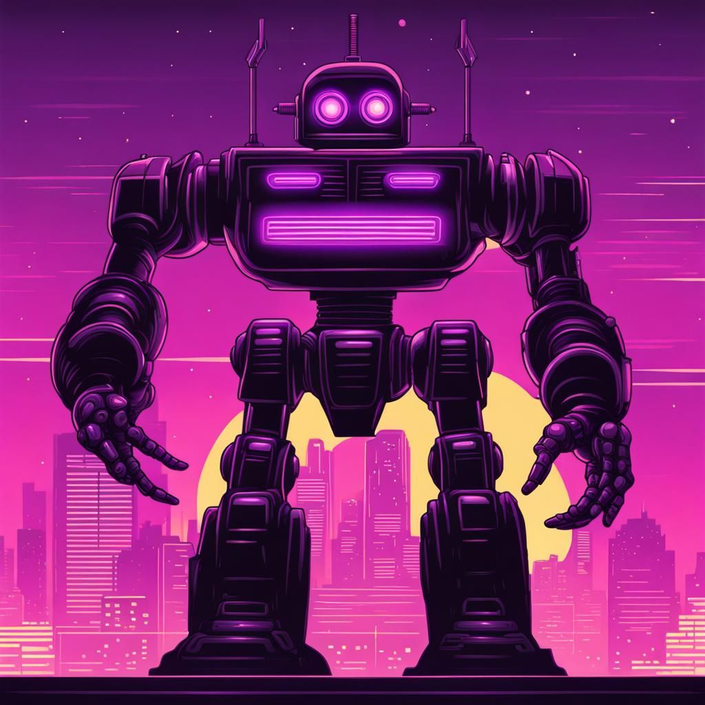 Giant Robot in Synthwave Neon Retro Style