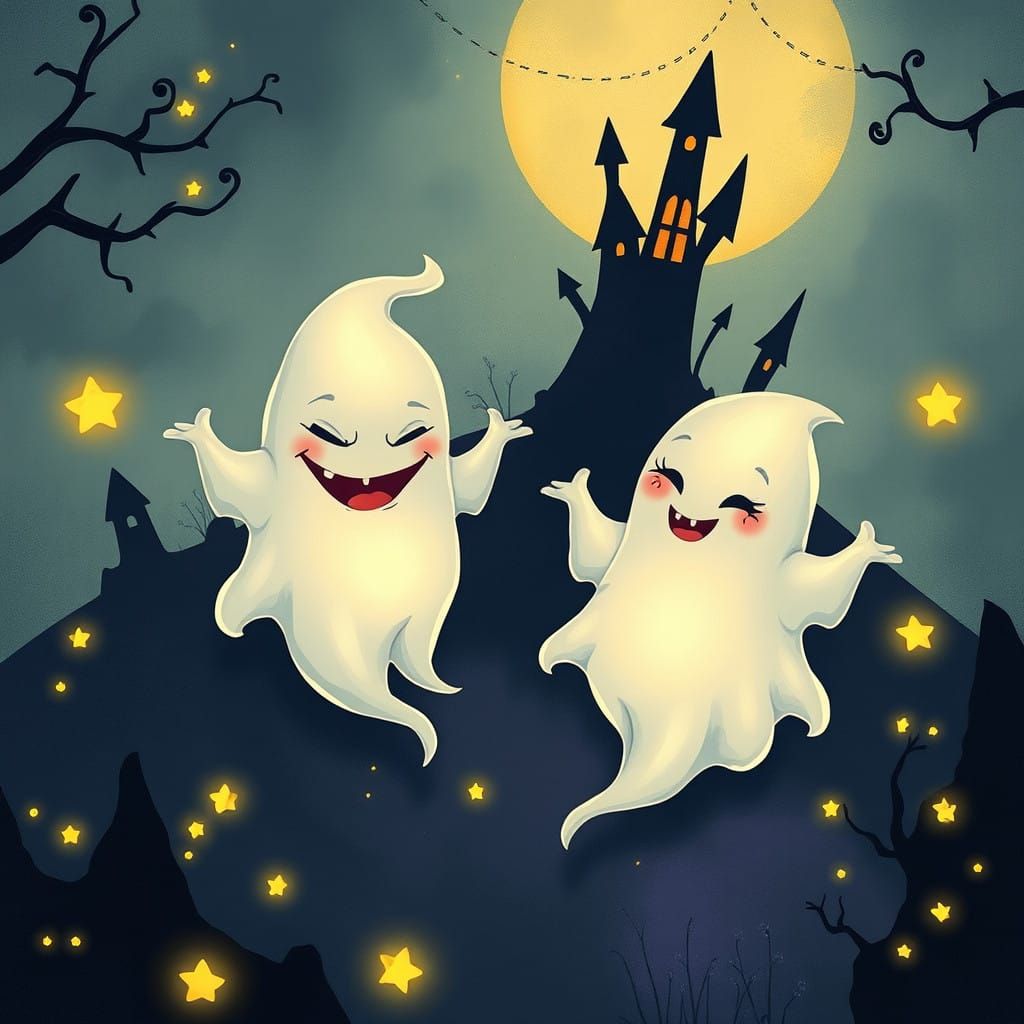Whimsical Ghostly Friends Dance in a Dreamlike Landscape