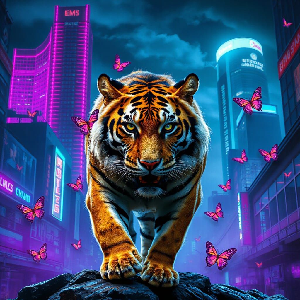 Cyberpunk Tiger Prowls Neon City at Night
