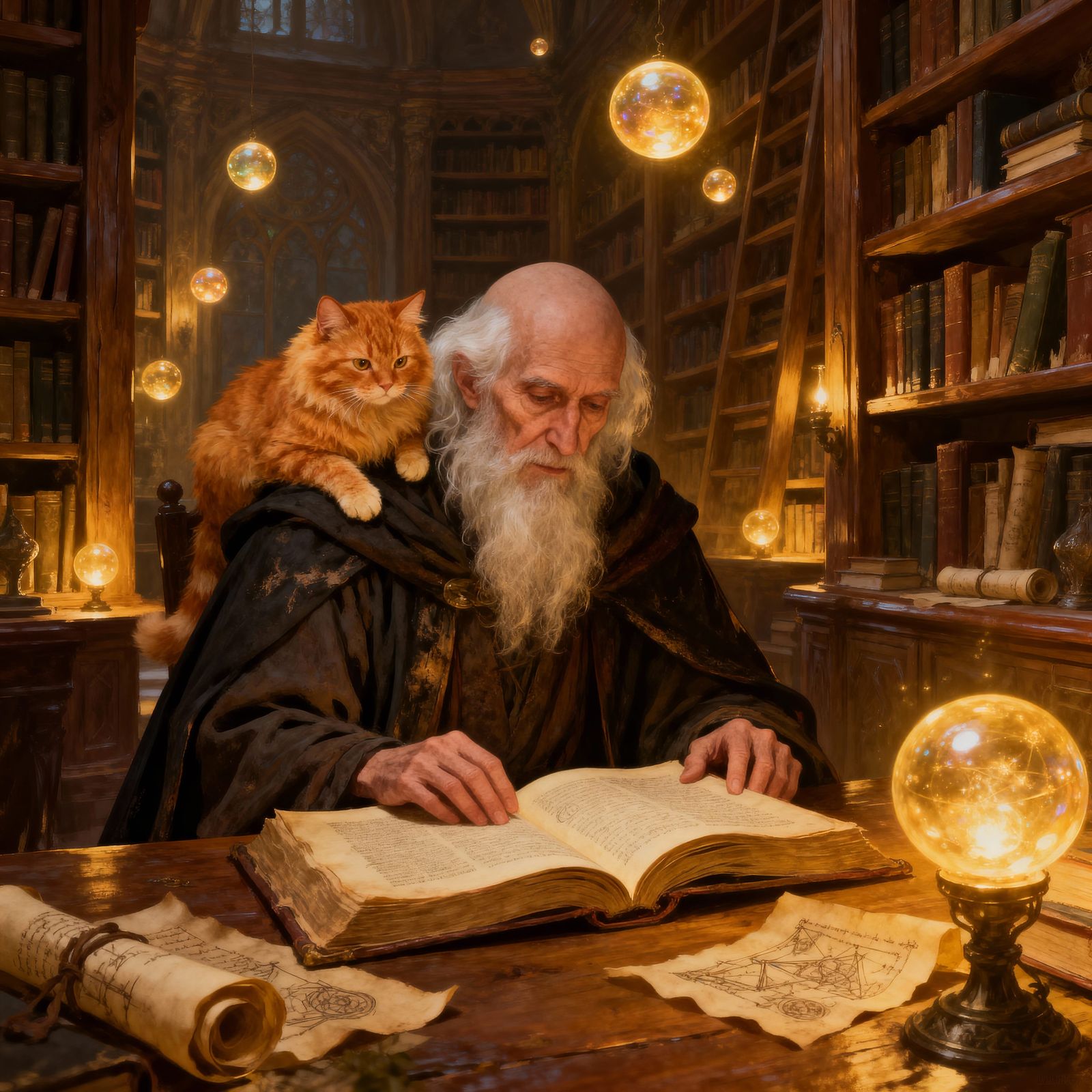 Elderly Wizard Reading in Magical Library with Orange Cat