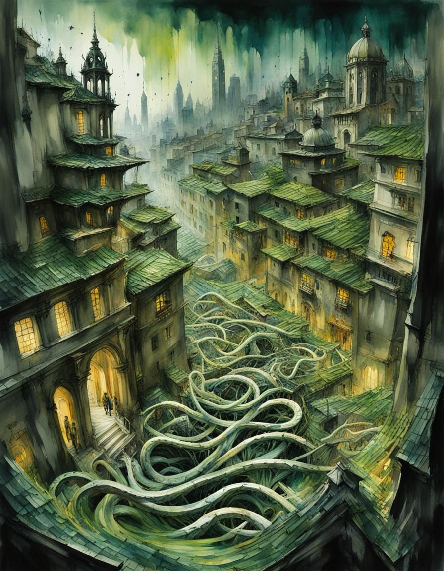 Eerie Maze Cityscape in Watercolor Art Style