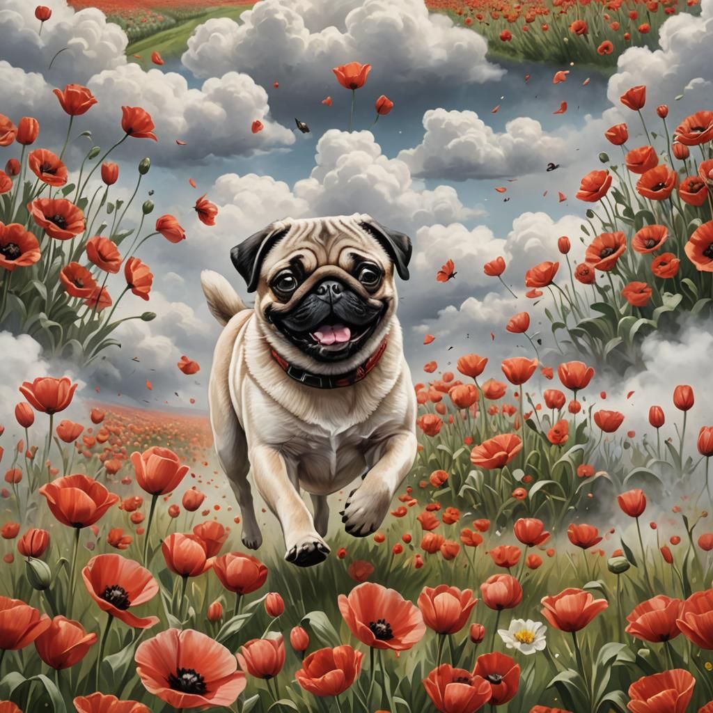 Happy Pug Runs Through Floral Cloud Field