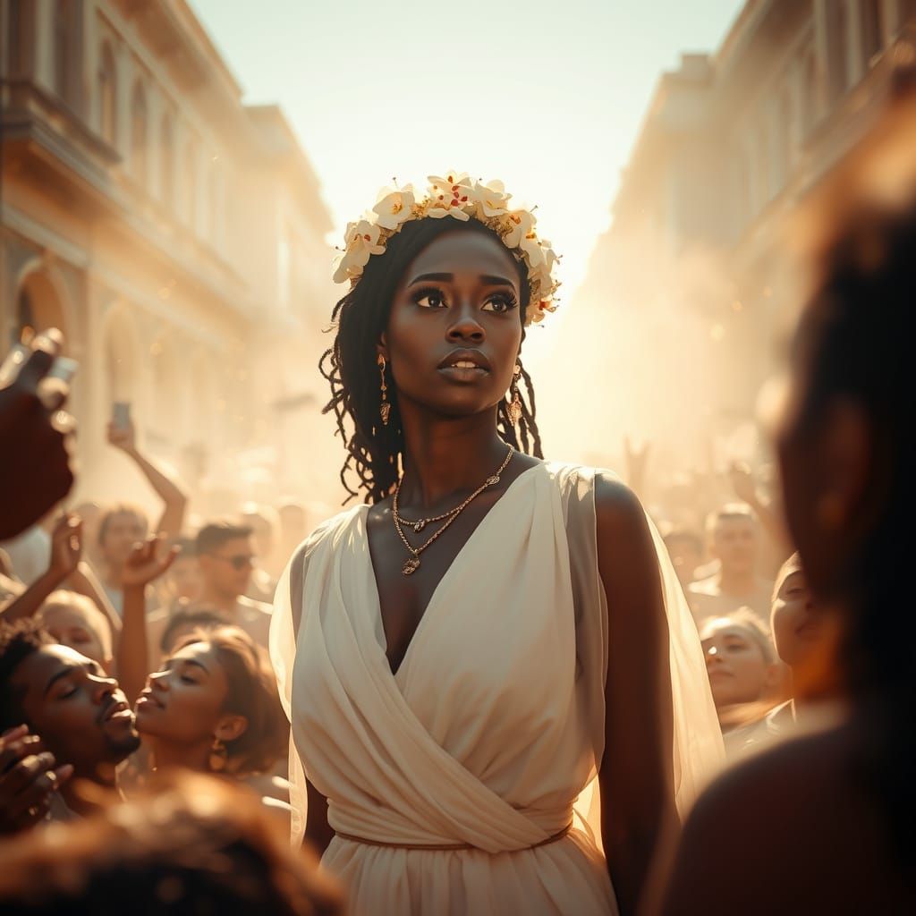 Celestial Woman Captivates Crowd in Euphoric Frenzy