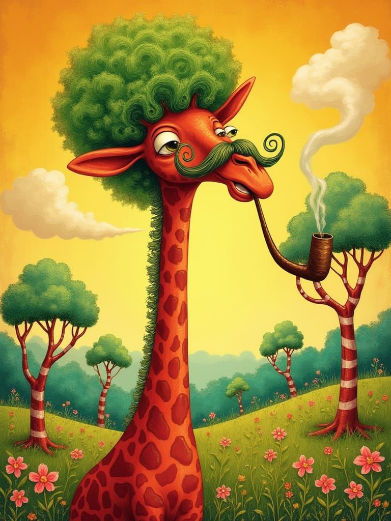 Comical Giraffe with Wig in Surreal Meadow