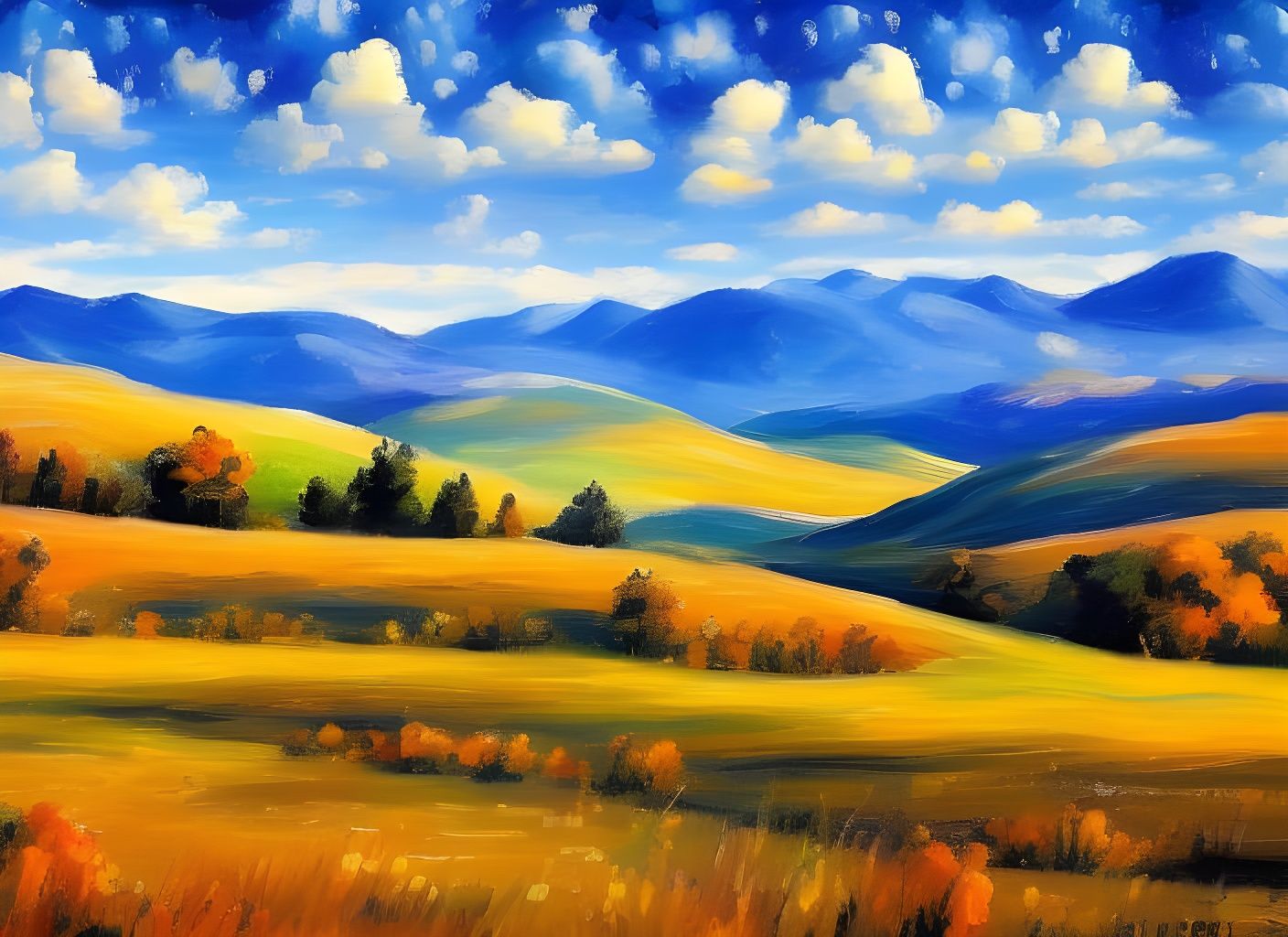 Mountain Valley in Expressionist Oil Painting Style