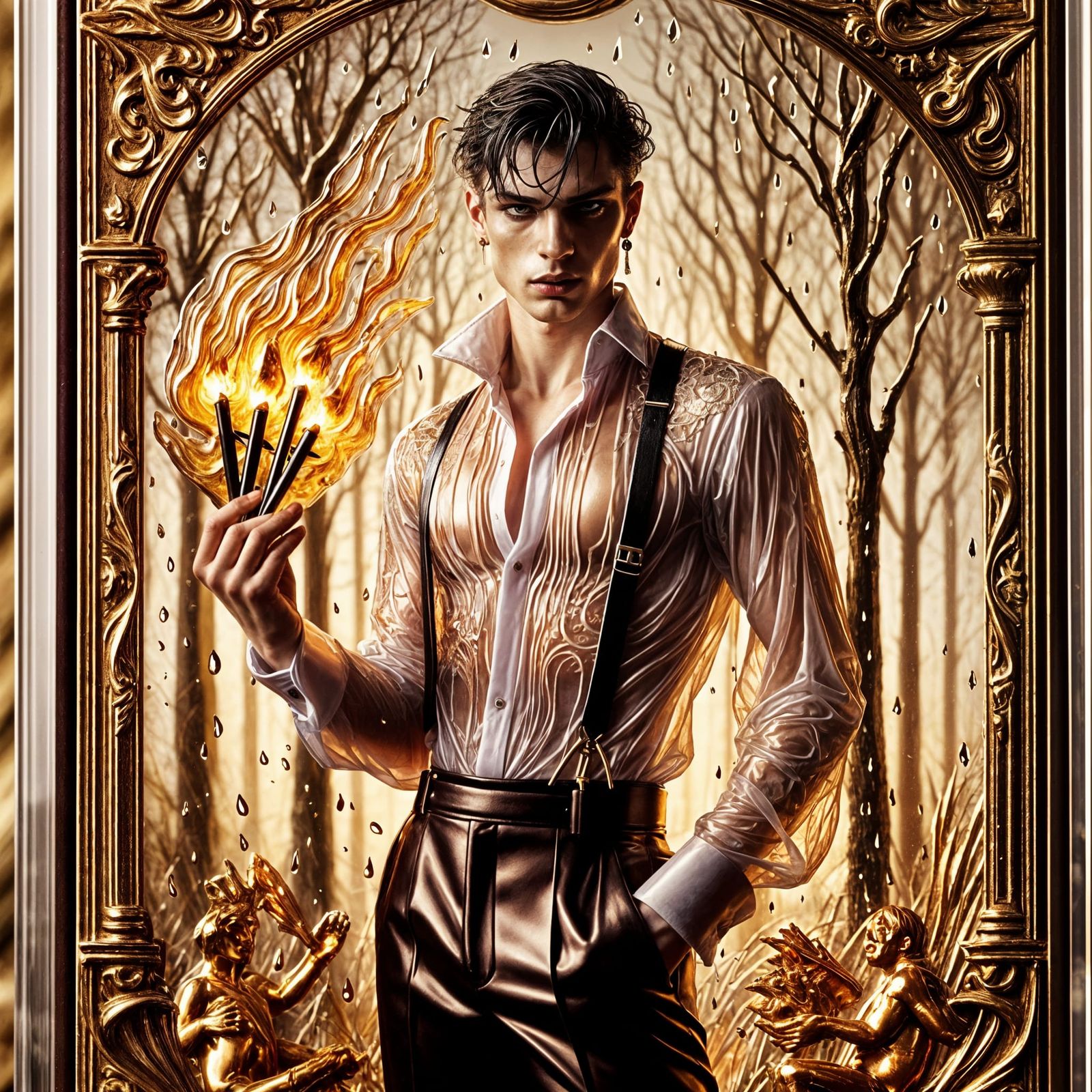 Golden Tarot Card: Vampire with Flaming Staffs