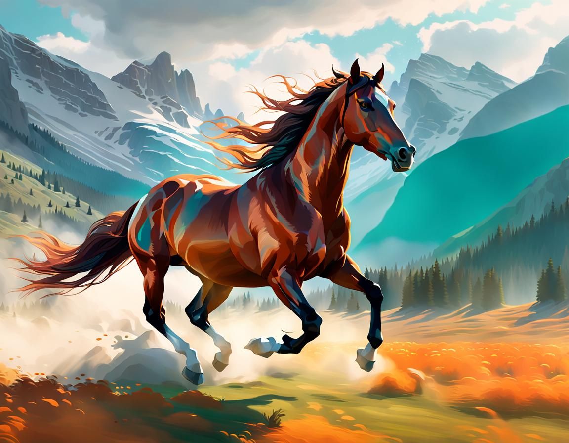 Chestnut Horse Galloping in Rocky Mountains, Digital Art