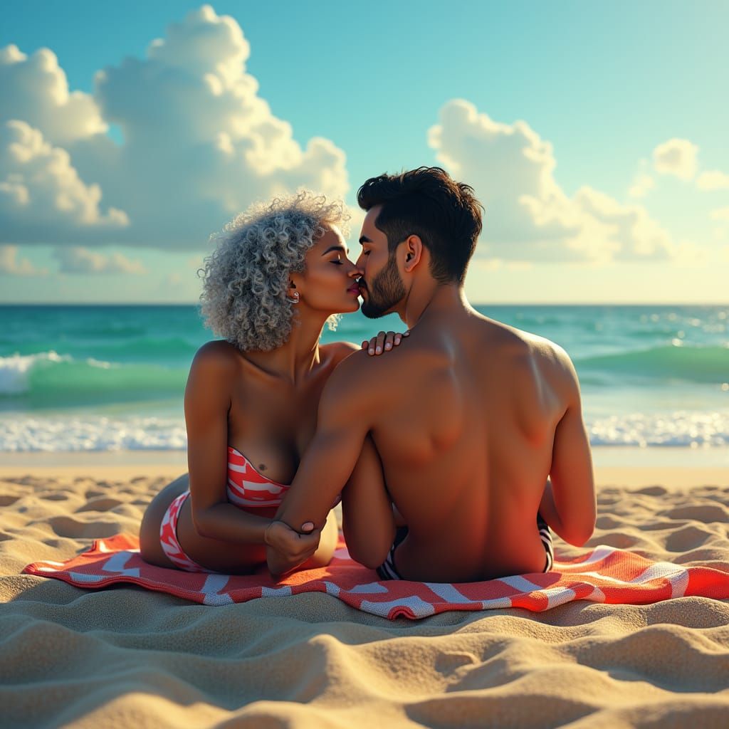 Intimate Beach Scene with Golden Light, Hyperrealistic Textu...