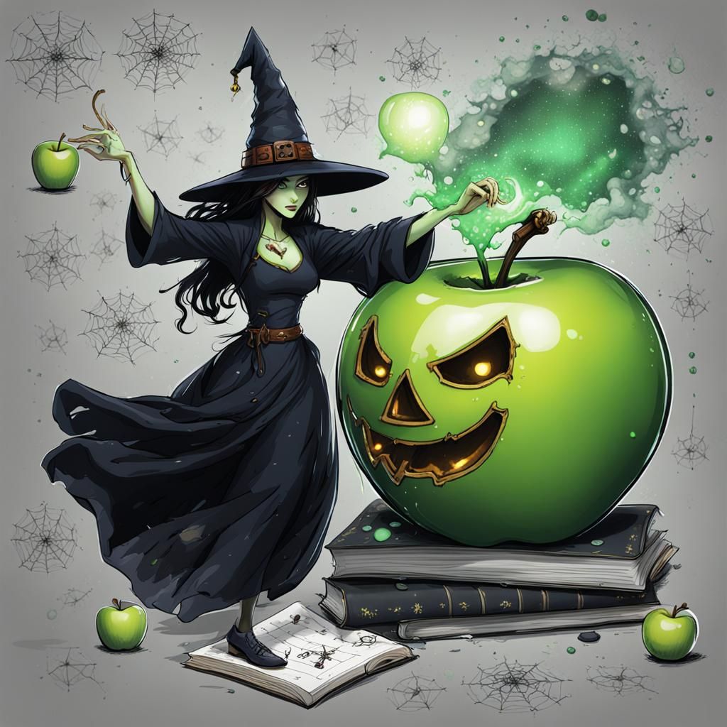 Magical Apple with Glowing Elements and Paint Splatters