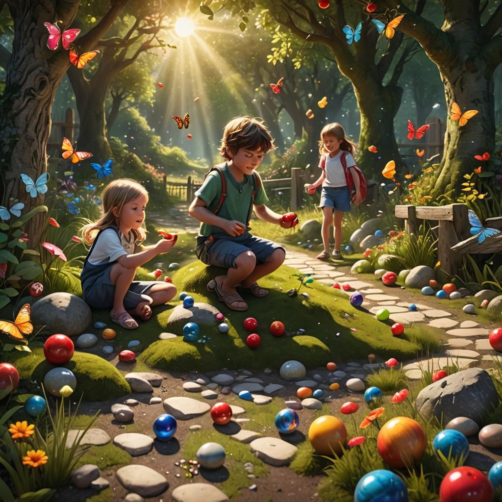 Whimsical Children's Game in Sunlight, Detailed Matte Painti...