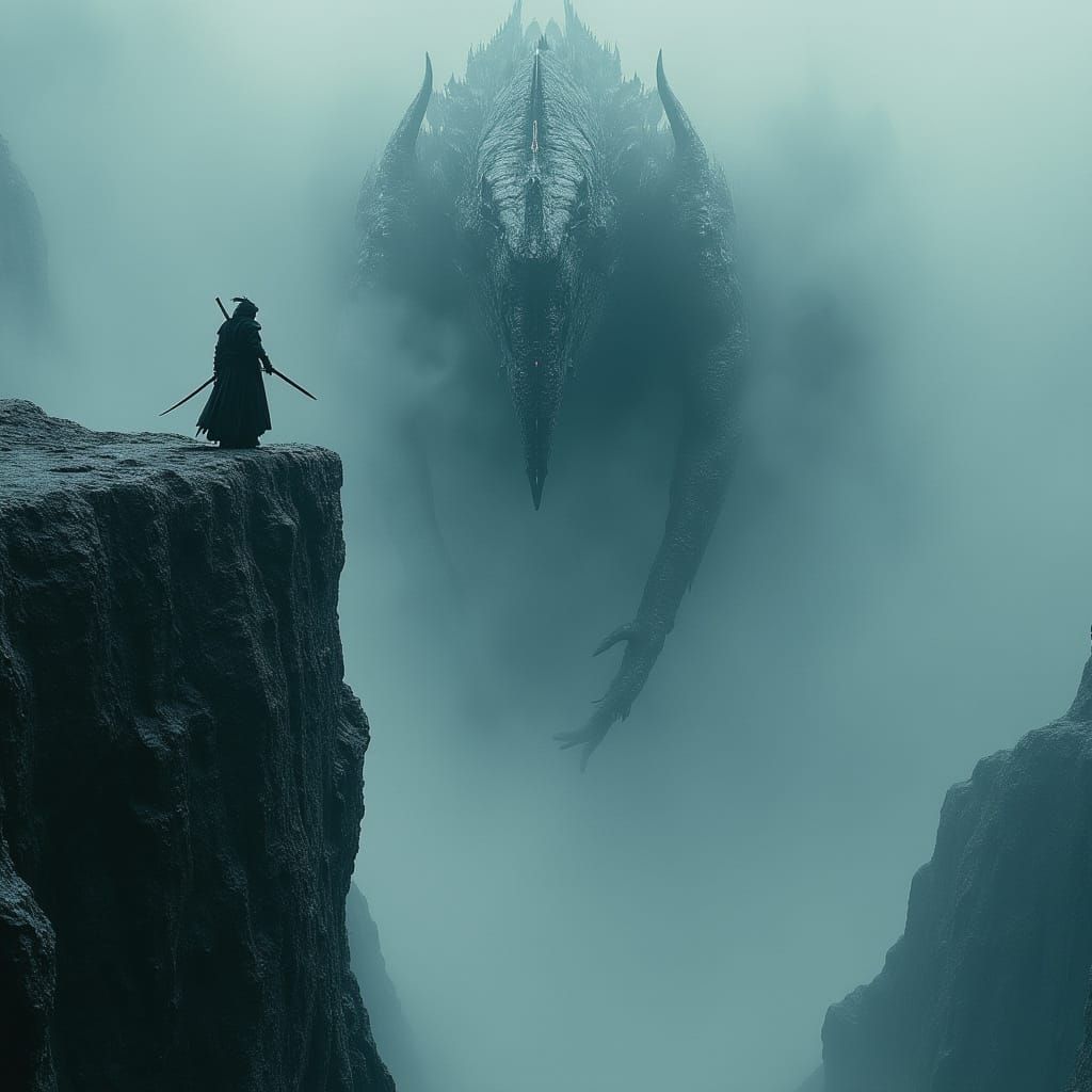 Samurai Battles Kaiju on Misty Cliff Edge
