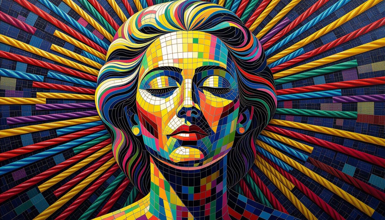 Crayon Humanoid in Mosaic Grid: Detailed Gritty Art