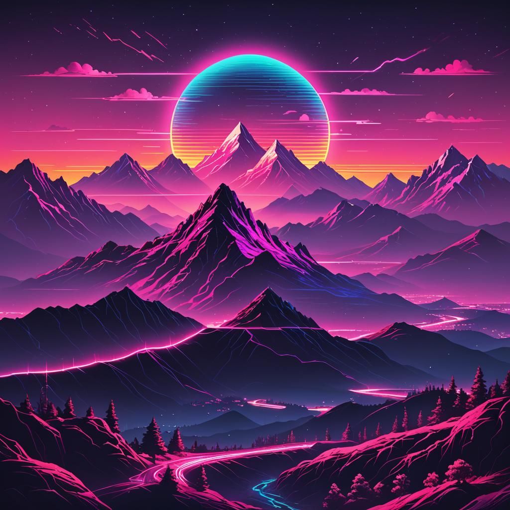 Neon Mountain Range in Synthwave Style
