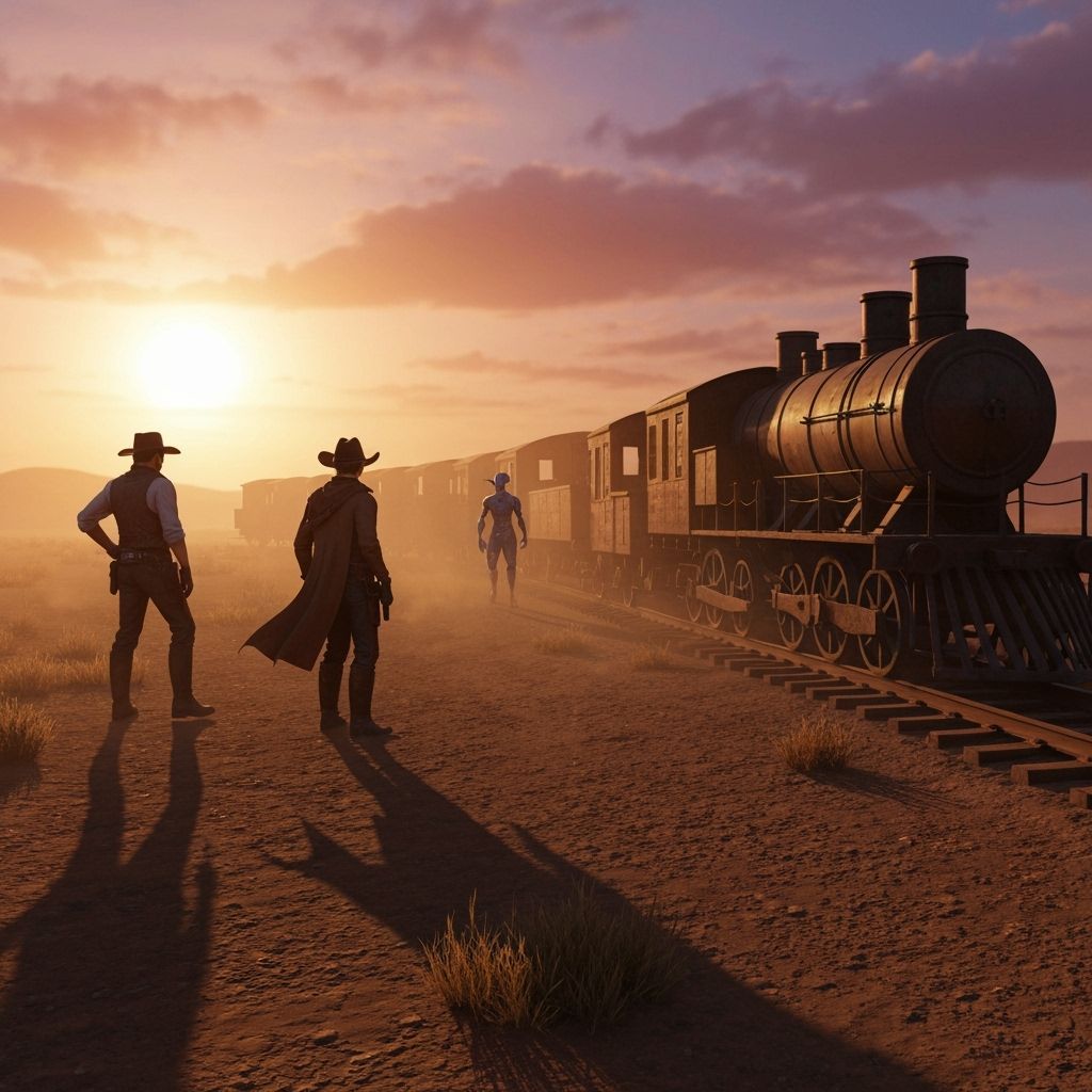 Cowboys and Aliens in Wild West Sunset