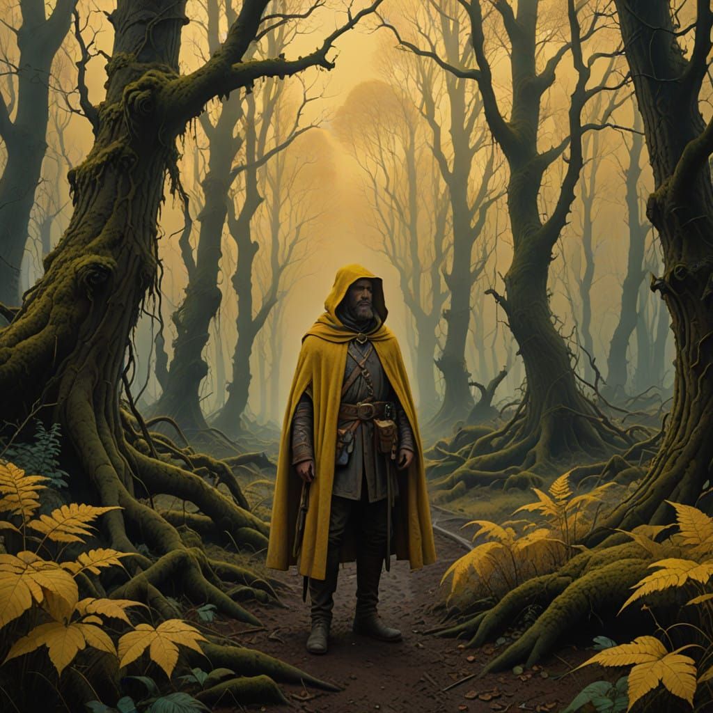 Dark Fantasy Oil Painting of a Yellow-Cloaked Medieval Peasa...