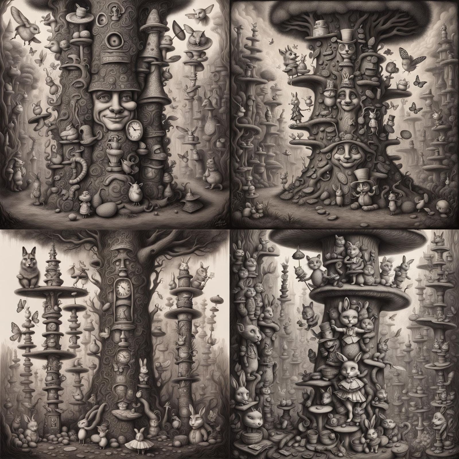 A totem pole telling the story of Alice In Wonderland hyperdetailed charcoal drawing