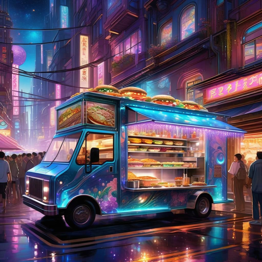 Cyberpunk Food Truck in Iridescent Watercolor Style