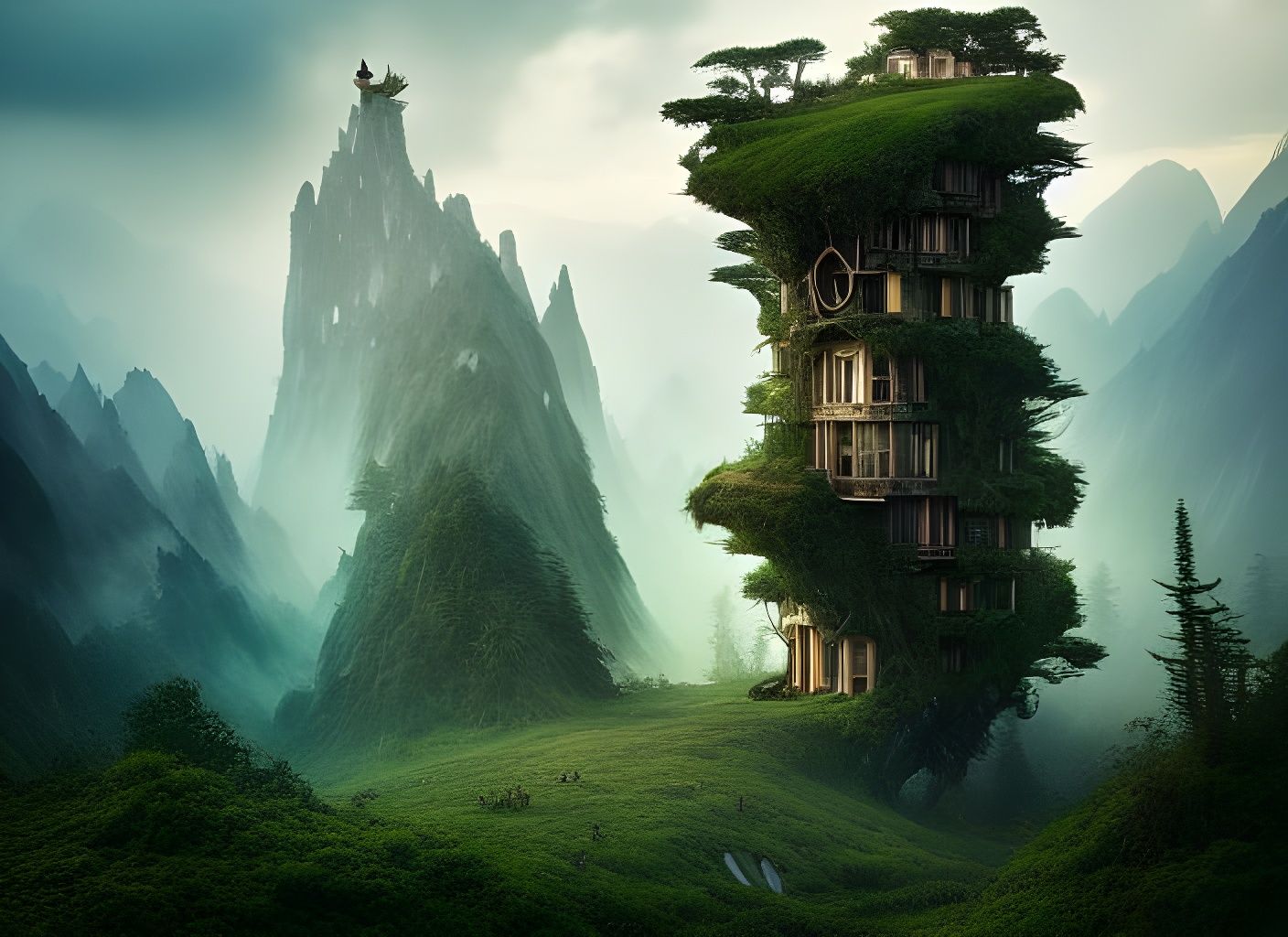 Anti-Gravity Hobbit Mansion with Tree of Life