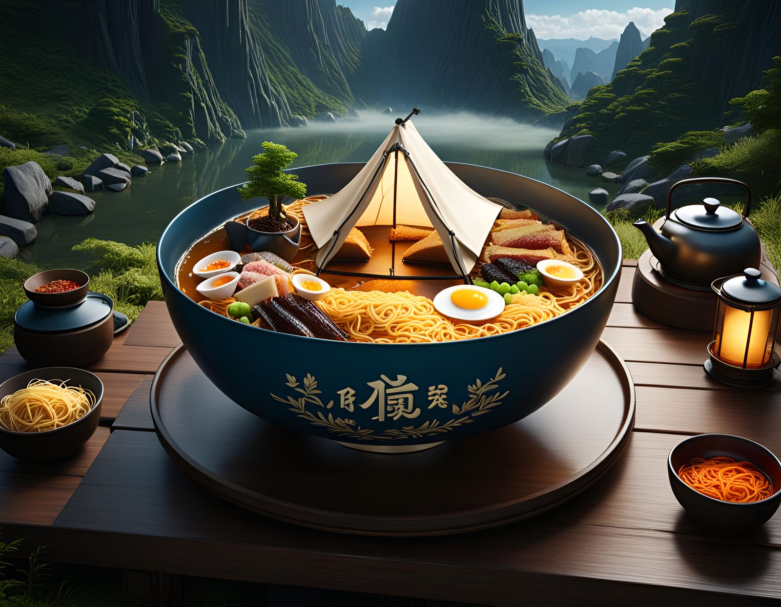 Camping Tent Inside Ramen Bowl: Detailed Matte Painting