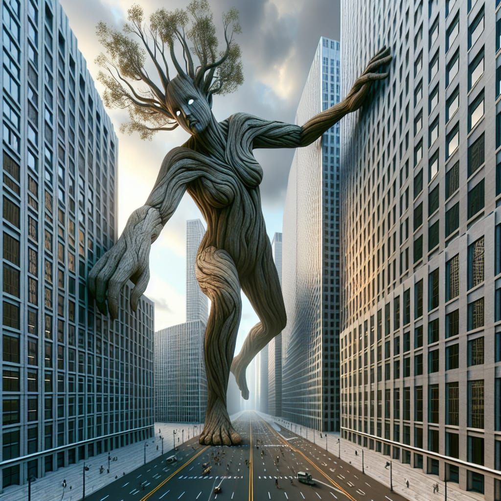 Gigantic Dryad Steps Through Skyscrapers: Optical Illusion